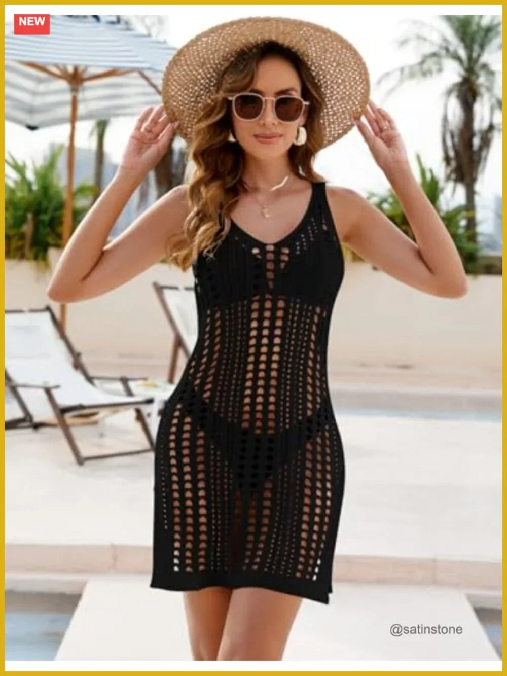 Crochet Knit Swim Cover Up Dress Hollow Out Beach Coverup Sleeveless V Neck